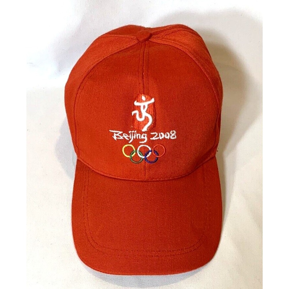 Olympics Hat Cap Beijing 2008 Red Strap Back Hook and Loop Embroidered Rings